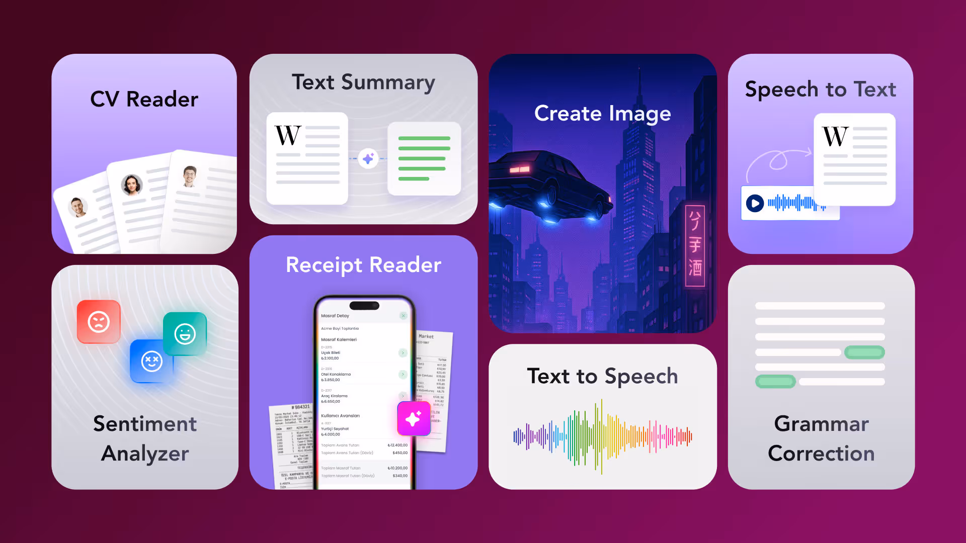 Grid of icons representing AI tasks: CV Reader with profile photos on documents, Text Summary showing document and summary, Create Image with flying car in neon city, Speech to Text converting audio to text, Sentiment Analyzer with emoji faces, Receipt Reader displaying a phone with receipt details, Text to Speech with colorful soundwave, and Grammar Correction highlighting text.