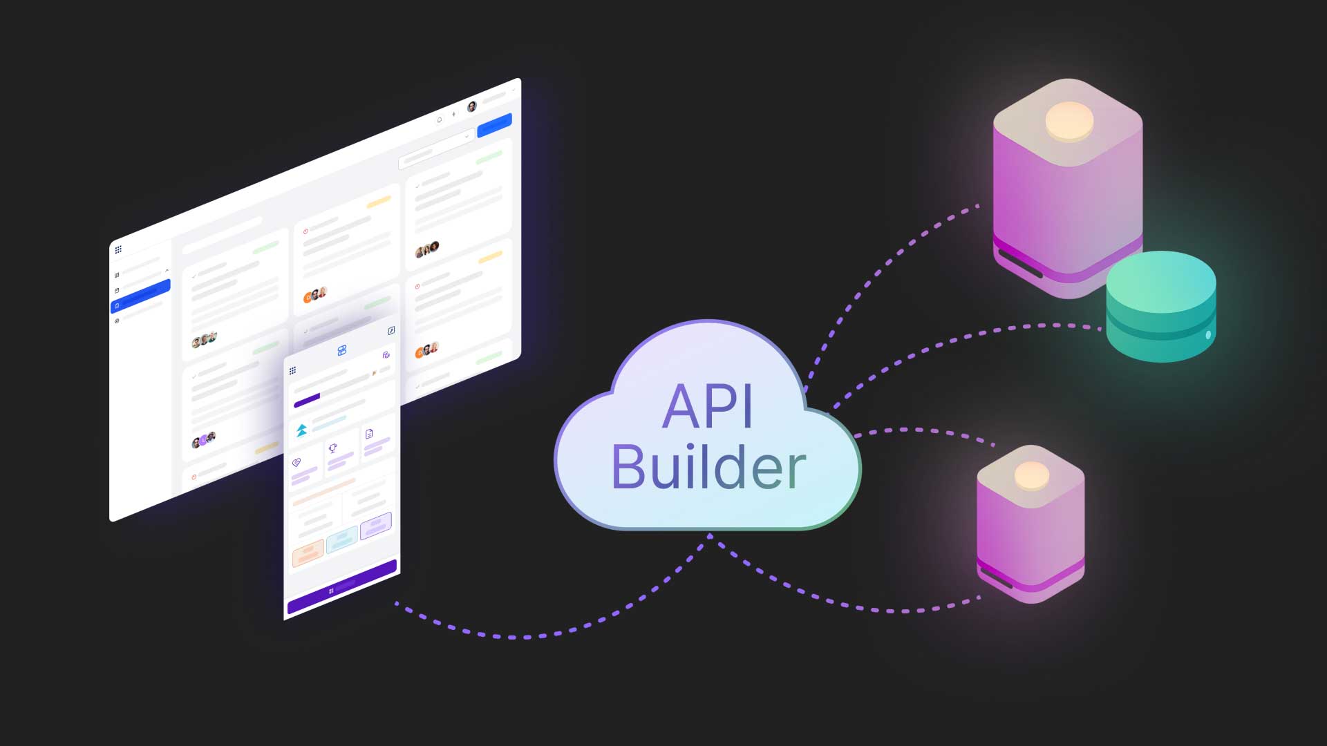 Kuika’nın API Builder arayüzünü, bulut düğümleri ve veritabanlarına bağlı şekilde gösteren; otomatik API oluşturma ve entegrasyon kabiliyetini temsil eden görsel.