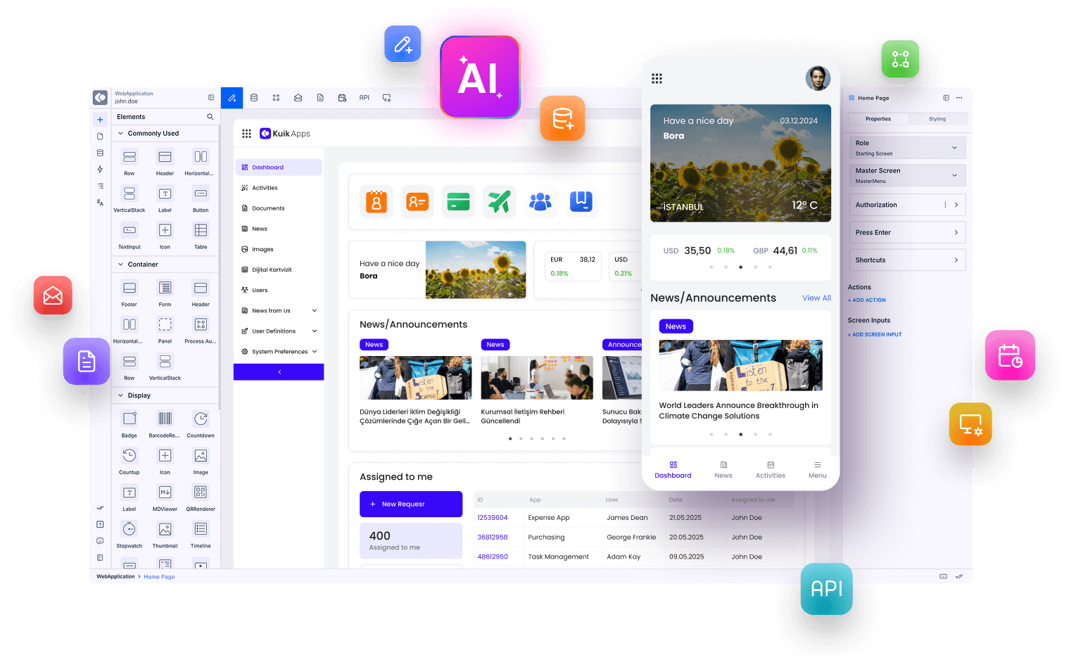 Kuika platform interface showing web and mobile app design screens with floating AI and development icons, alongside the headline ‘Let’s build Intelligence Systems.’