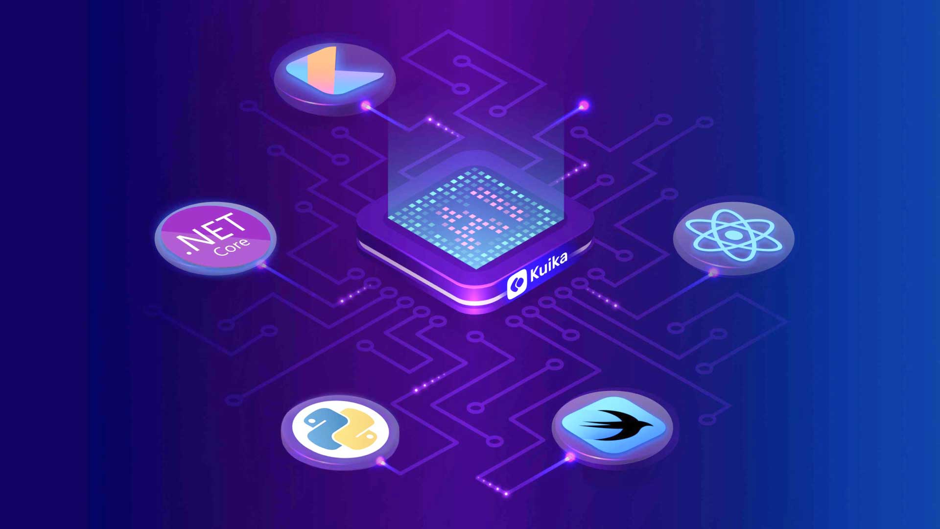 Illustration of Kuika’s Code Generator producing platform-independent code, with icons representing .NET Core, React, Python, Swift, and other technologies connected to a central generator block.