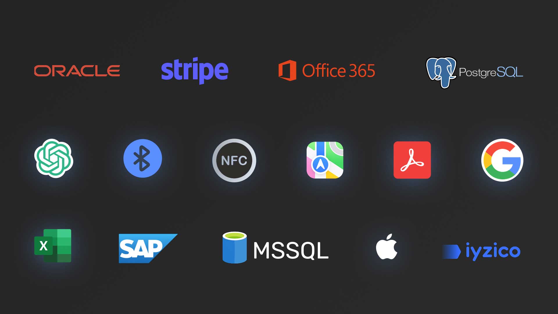 Oracle, Stripe, Office 365, PostgreSQL, OpenAI, Bluetooth, NFC, Google Haritalar, Adobe Acrobat, Google, Excel, SAP, MSSQL, Apple ve iyzico gibi platform ve sistemlerin entegrasyon ikonlarını gösteren görsel.