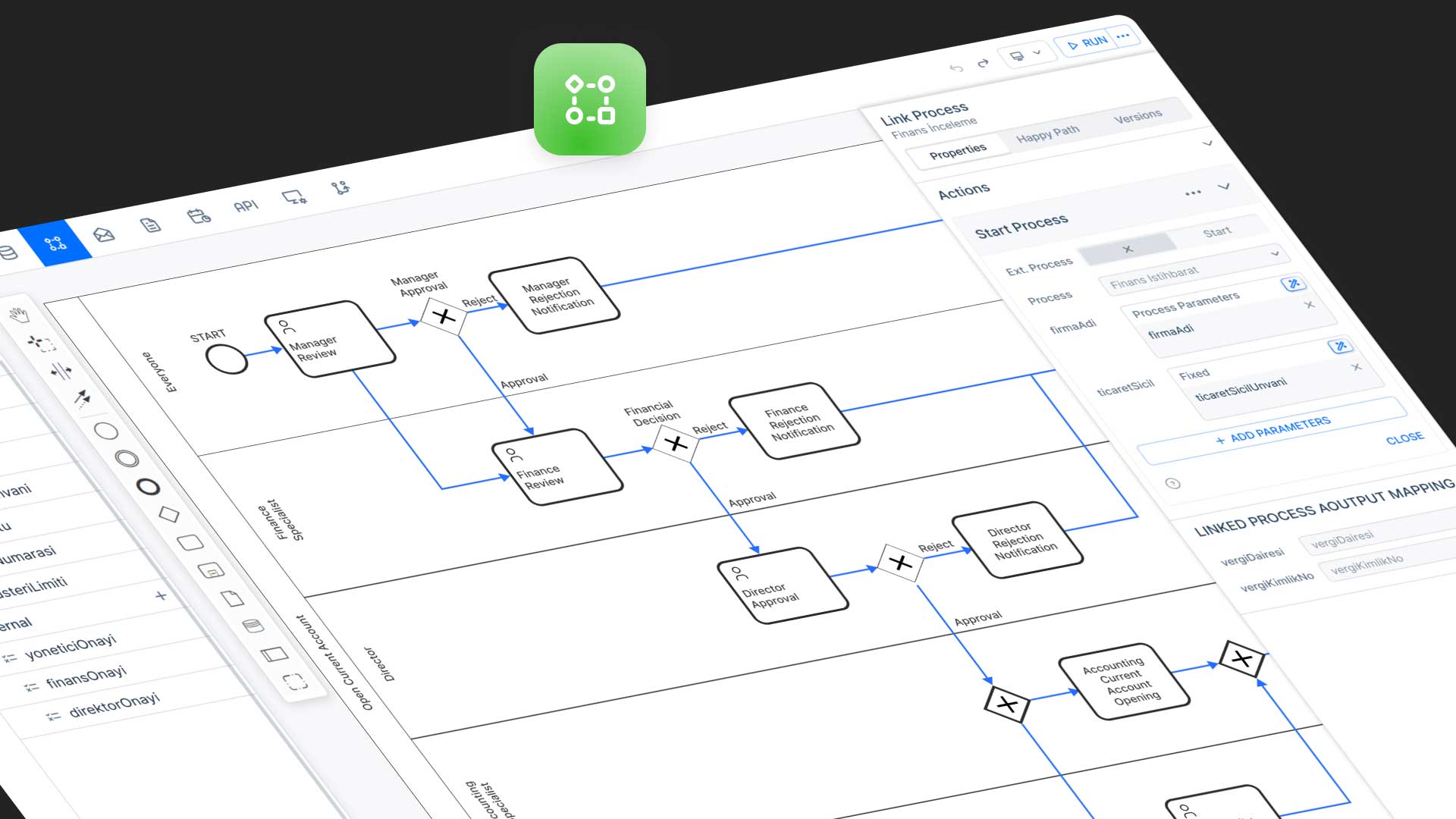 Kuika Process Automation interface displaying a BPMN 2.0 workflow diagram with tasks, gateways, and process steps arranged on an editable canvas.