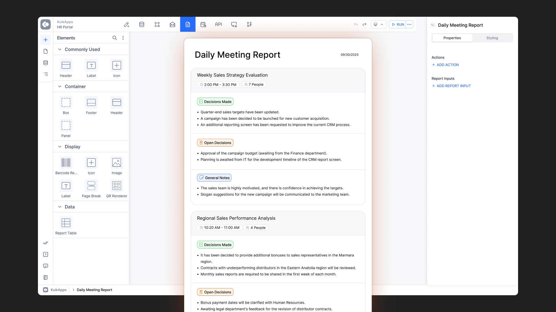 Kuika PDF Designer interface showing a drag-and-drop layout builder and a Daily Meeting Report preview with dynamic content blocks.