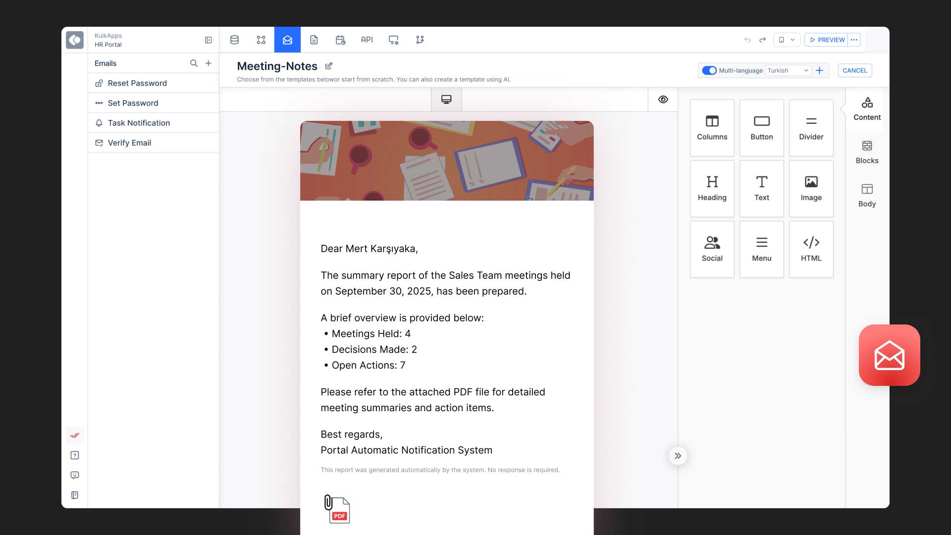 Kuika Notifications module showing an email builder interface with a preview of a formatted meeting summary email and drag-and-drop content blocks.