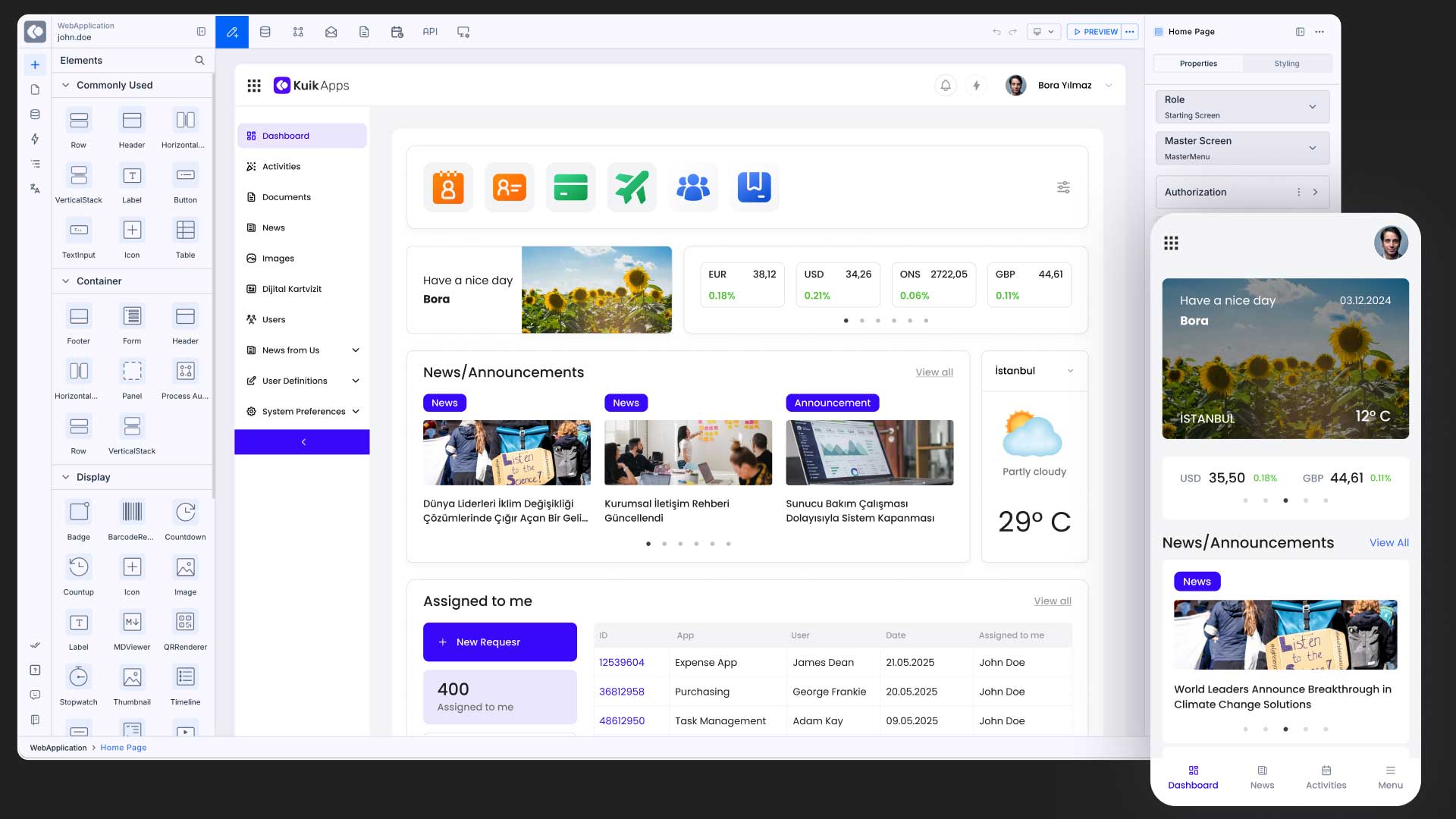 Kuika’nın arayüz tasarım ekranında bir web dashboard tasarımı ve yanında mobil uygulama ekranı gösterilerek platformda web ve mobil UI oluşturma yeteneği sergileniyor.