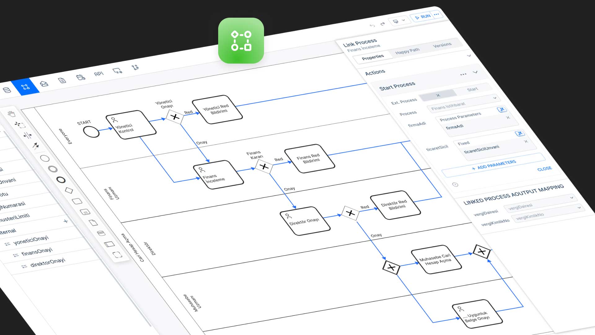 Kuika Process Automation arayüzünde görevler, geçitler ve adımlardan oluşan düzenlenebilir bir BPMN 2.0 iş akışı diyagramı gösteriliyor.