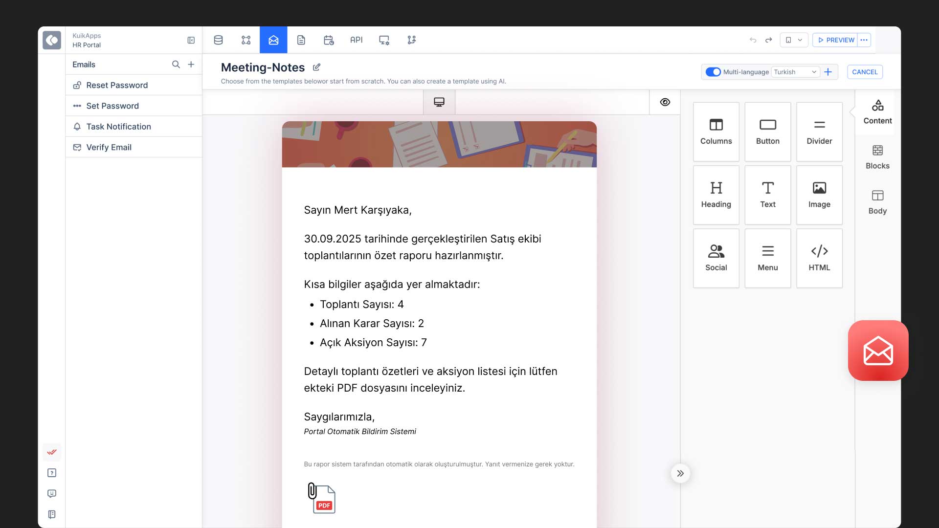 Kuika Notifications module showing an email builder interface with a preview of a formatted meeting summary email and drag-and-drop content blocks.