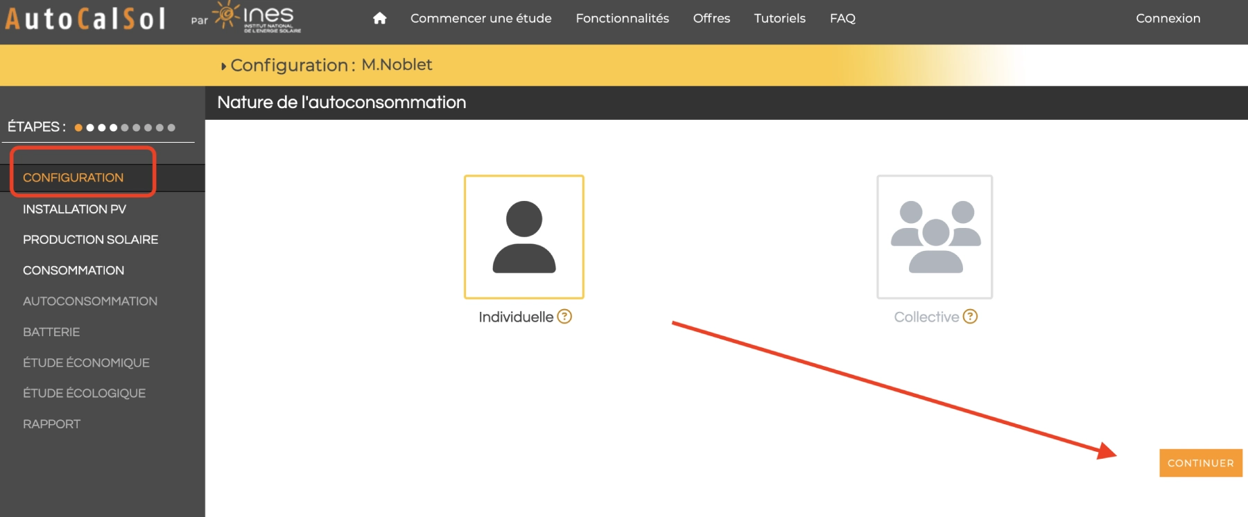 Extrait de l'étape "configuration" sur le logiciel autocalsol.