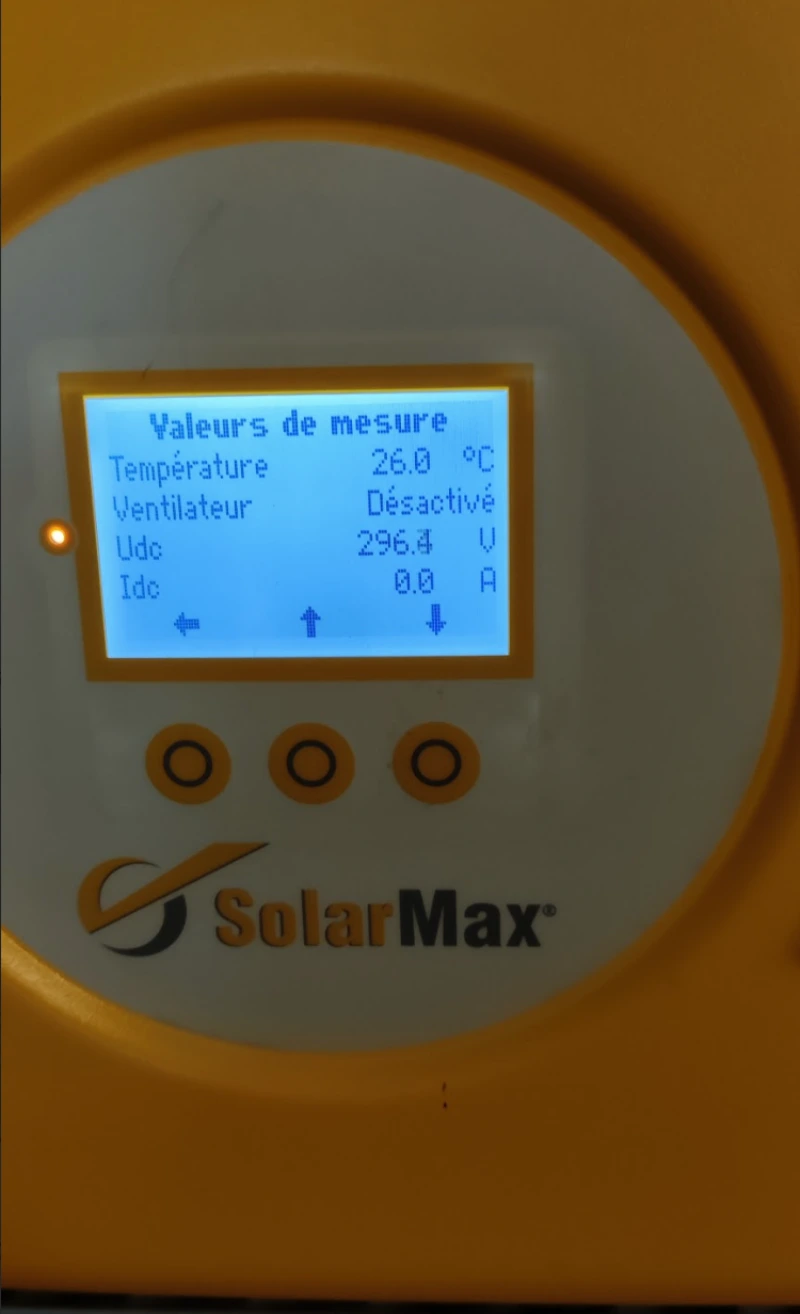 Diagnostic de l'onduleur solarmax révèlant zéro injection.