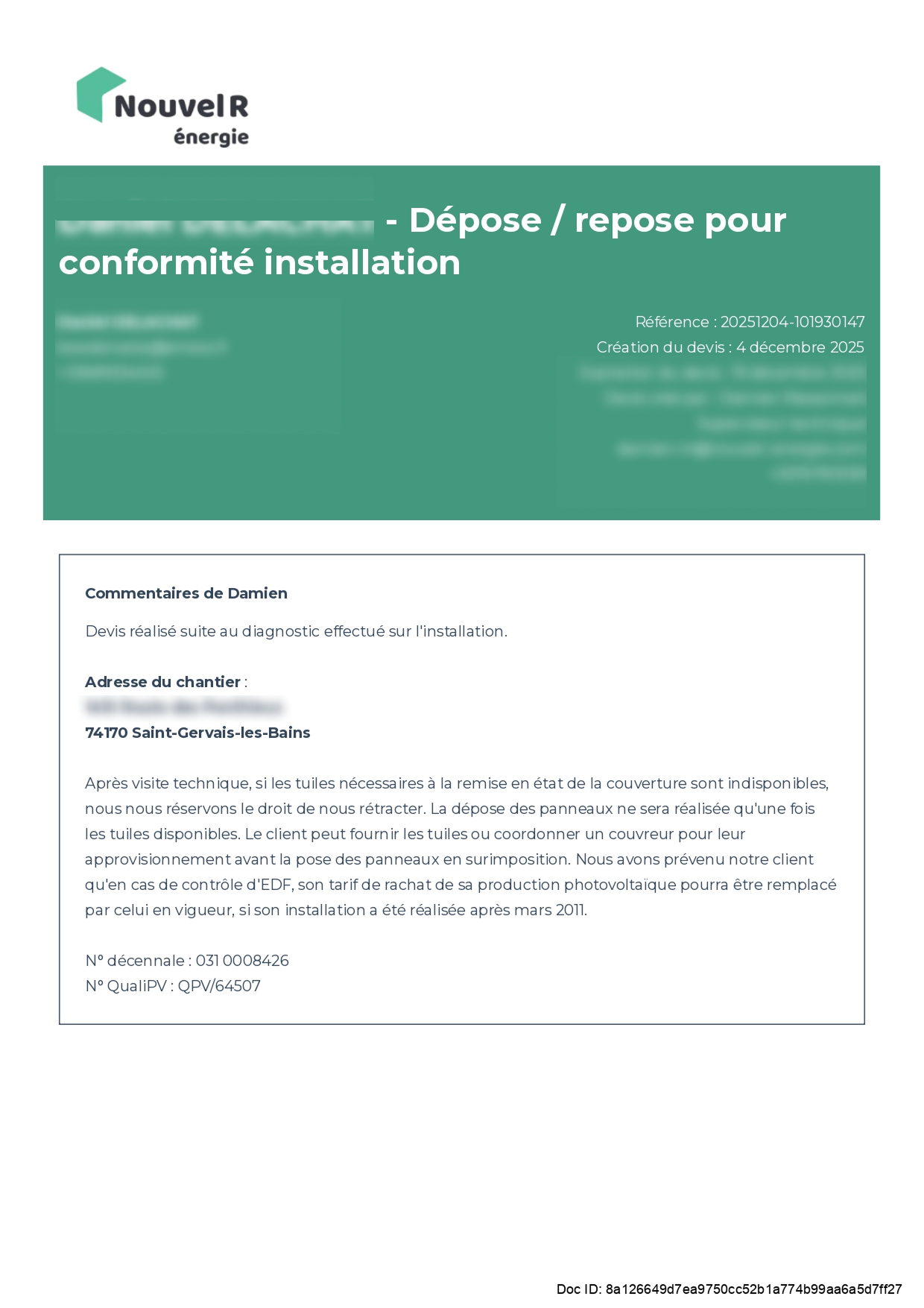 Devis pour réparation de fuite sous installation photovoltaïque de 6kWc.