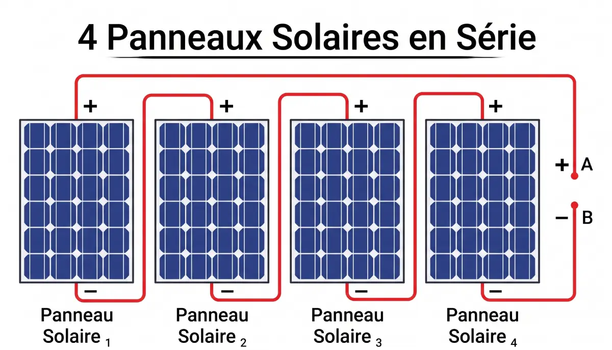 schéma d'un montage de panneaux solaires en série.