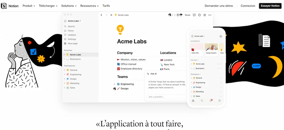 Page d'accueil de Notion.so avec aperçu de l'interface de l'outil NoCodeu