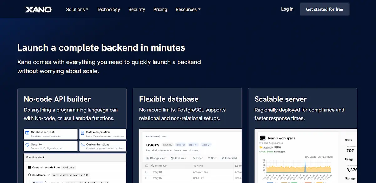 Page d'accueil de l'outil NoCode back-end Xano