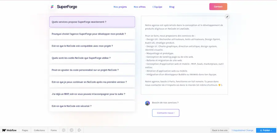 Mode editeur de Webflow qui autorise la modification en direct du site