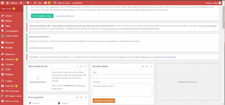 Visualisation de l'interface de wordpress avec son dashboard général