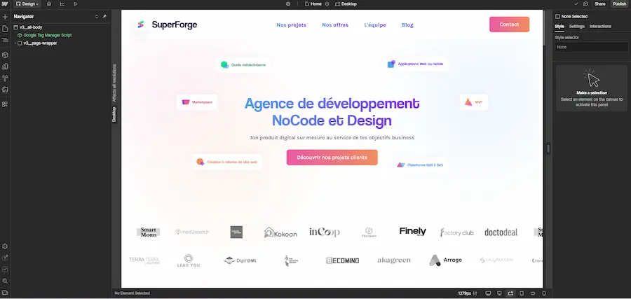 Visualisation du designer de Webflow pour la construction du site avec accès aux éléments, CMS, bibliothèque, templates de page
