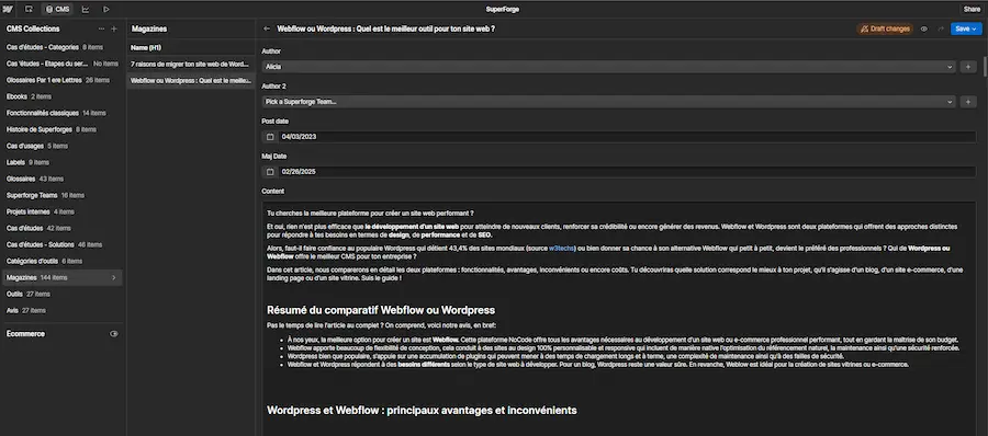 interface du CMS collection de webflow qui gère l'aspect CMS