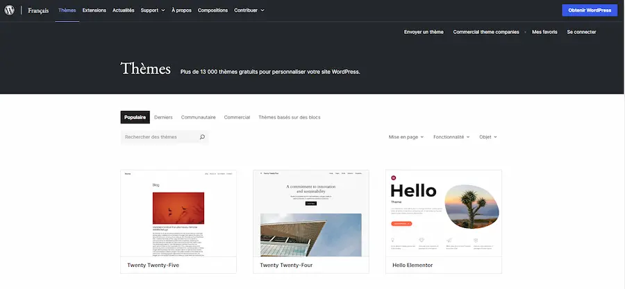 page d'accueil des thèmes wordpress