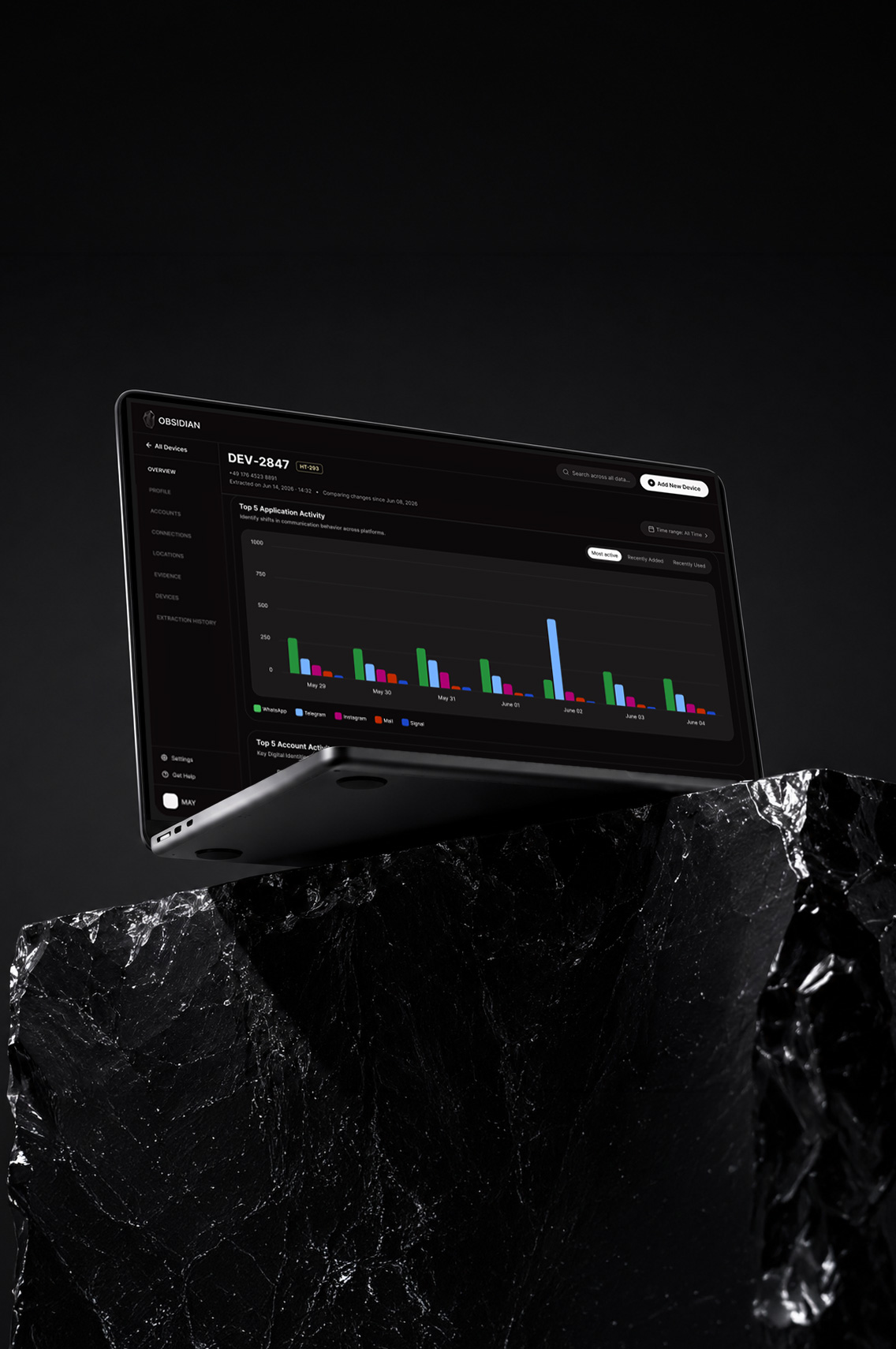 Laptop with dark-themed Obsidian app showing a bar chart of app activity on a black stone surface.