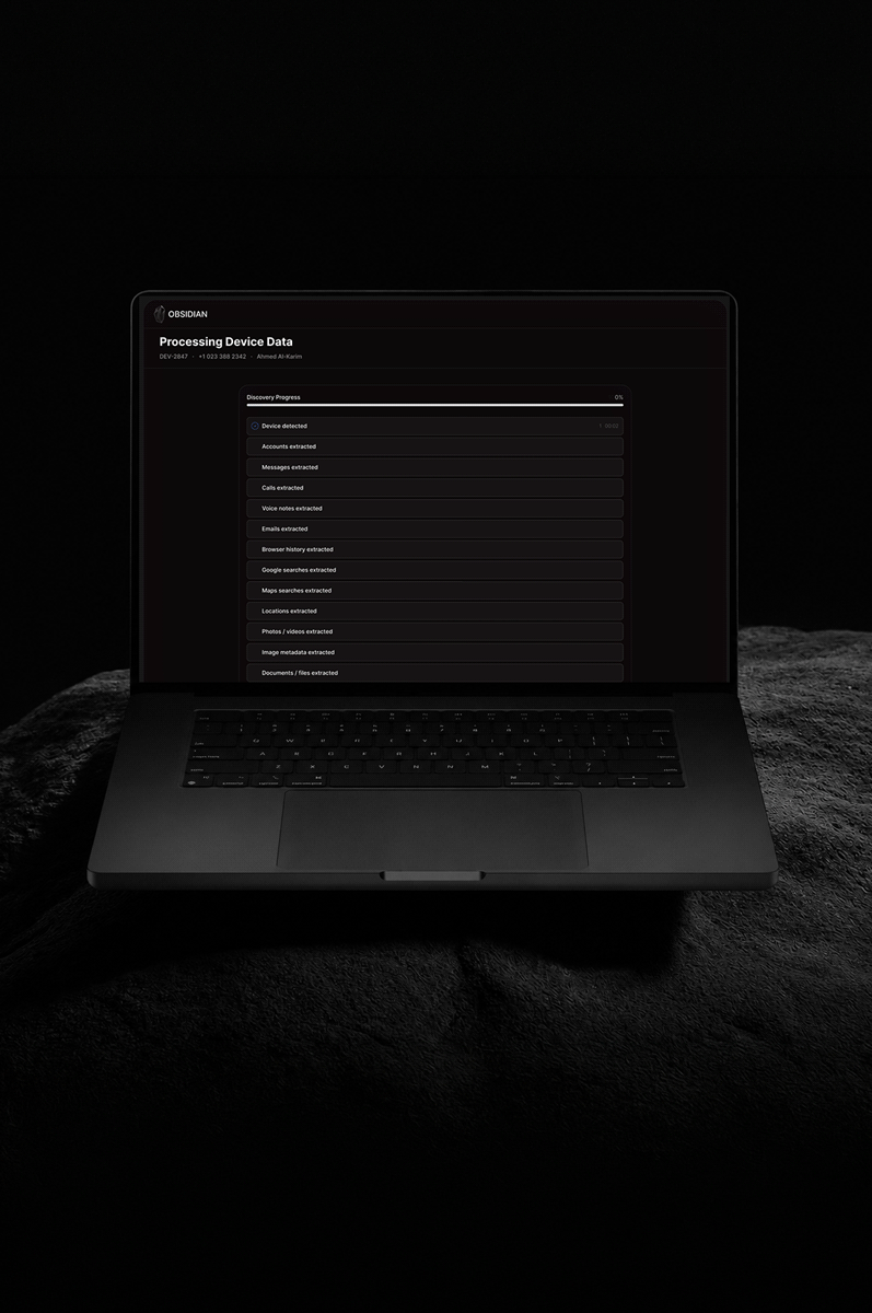 Laptop screen shows Obsidian software processing device data with progress steps listed but not started.