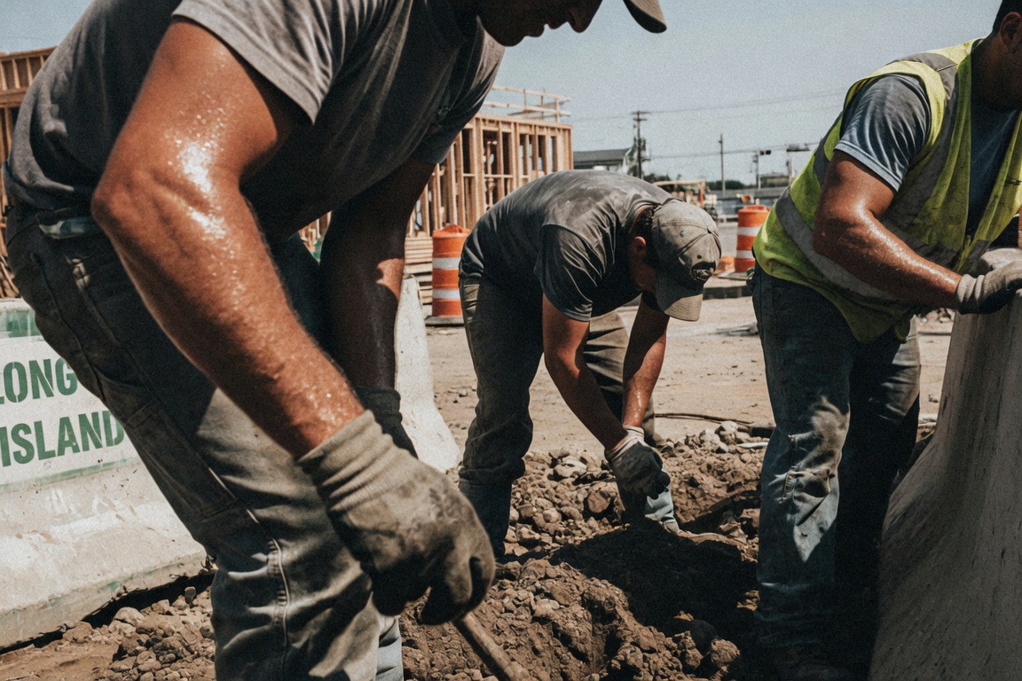 Construction crew working through extreme summer heat on a Long Island jobsite, a leading cause of heat exhaustion workers' compensation claims in New York