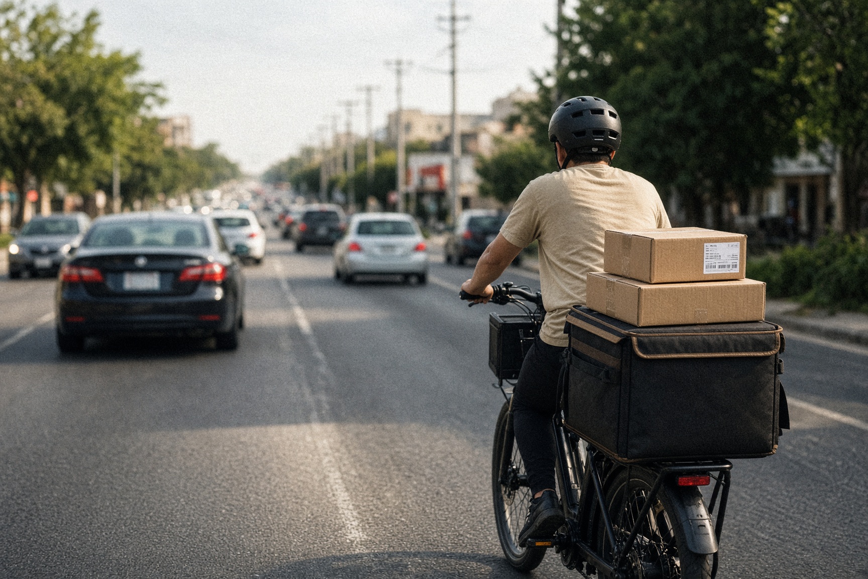 Delivery worker riding a cargo bicycle loaded with packages alongside traffic on a suburban road. Featured image for Terry Katz & Associates' guide to New York workers' compensation rights for part-time, seasonal, and 1099 workers.