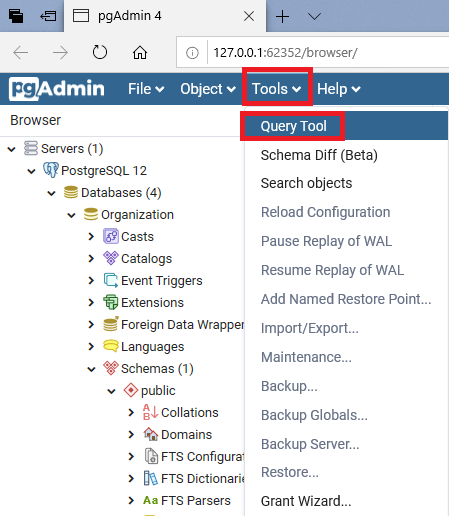 Query tool in pgAdmin