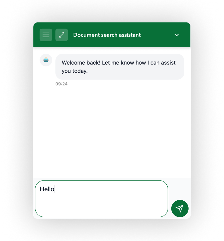 Chat interface labeled Document search assistant with a welcome message and a user typing 'Hello'.