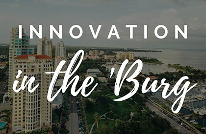 "Innovation in the 'Burg" logo on a photo of Downtown St. Pete