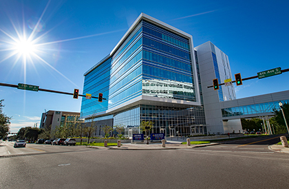 An exterior shot of the Johns Hopkins All Children's Hospital Research building on a sunny day