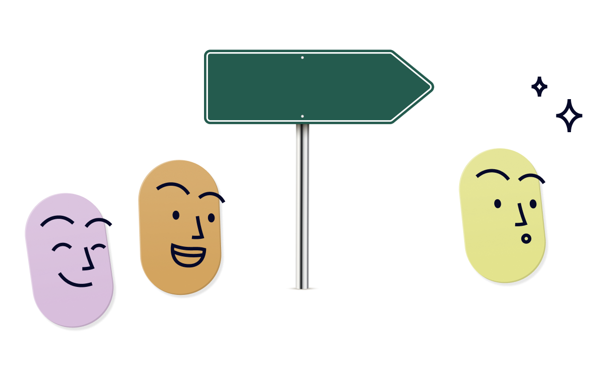 Sign pointing to the right and Humi illustrated faces walking forwards.
