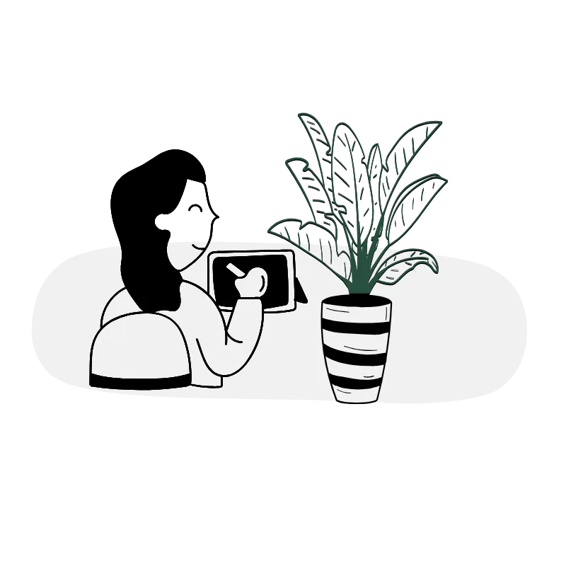 Un illustration d'une personne qui dessine et en fond une plante en pot
