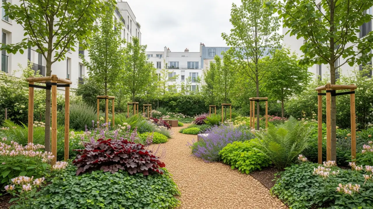 un beau jardin coloré avec un petit chemin de caillou