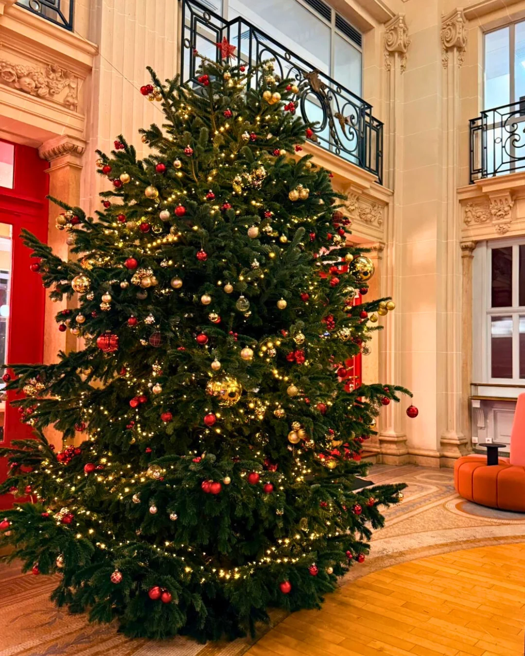 Grand sapin de Noël or et rouge dans un hall haussmannien