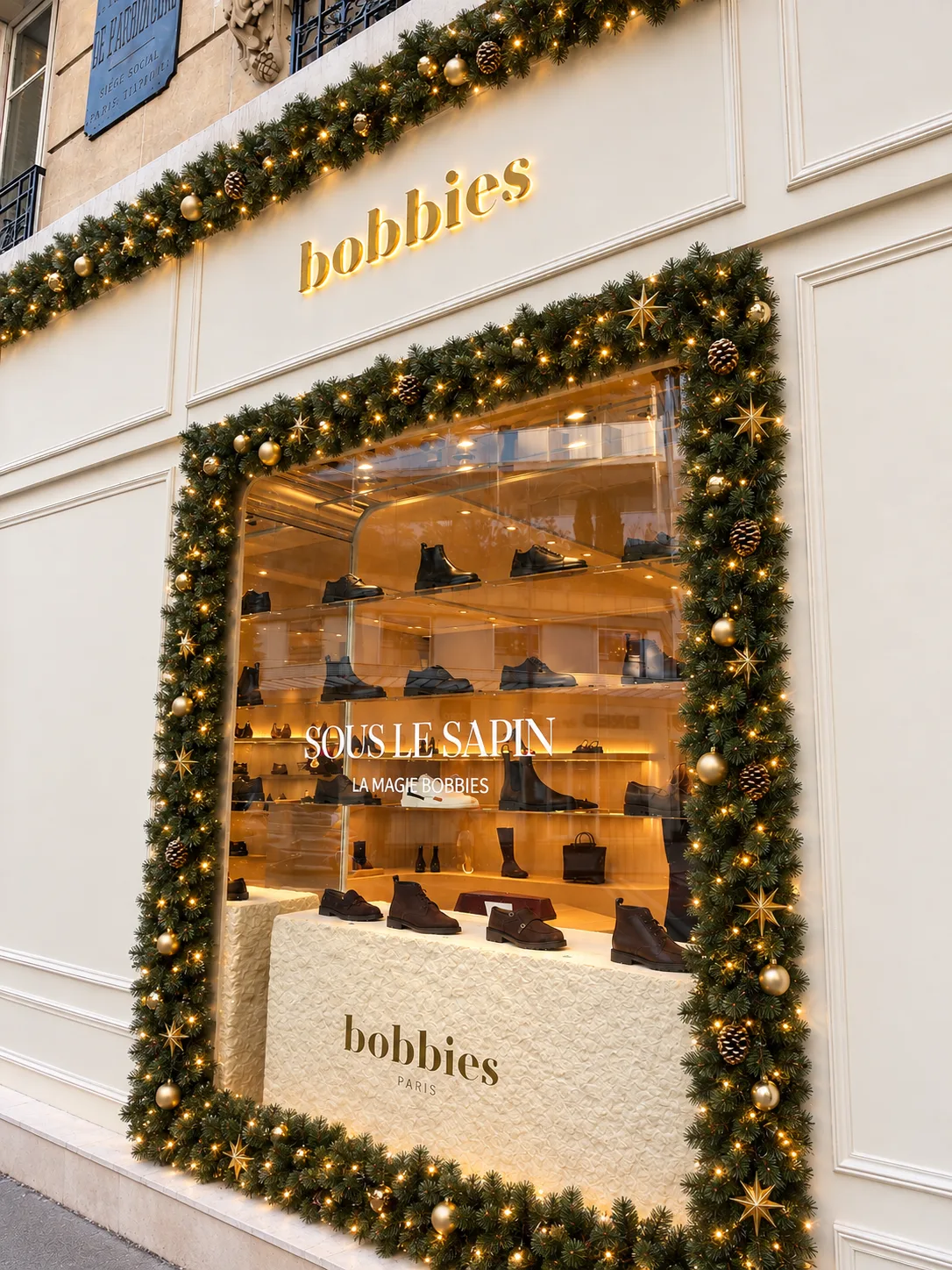 Vitrine de la boutique Bobbies Paris encadrée d'une guirlande de sapin illuminée pour Noël
