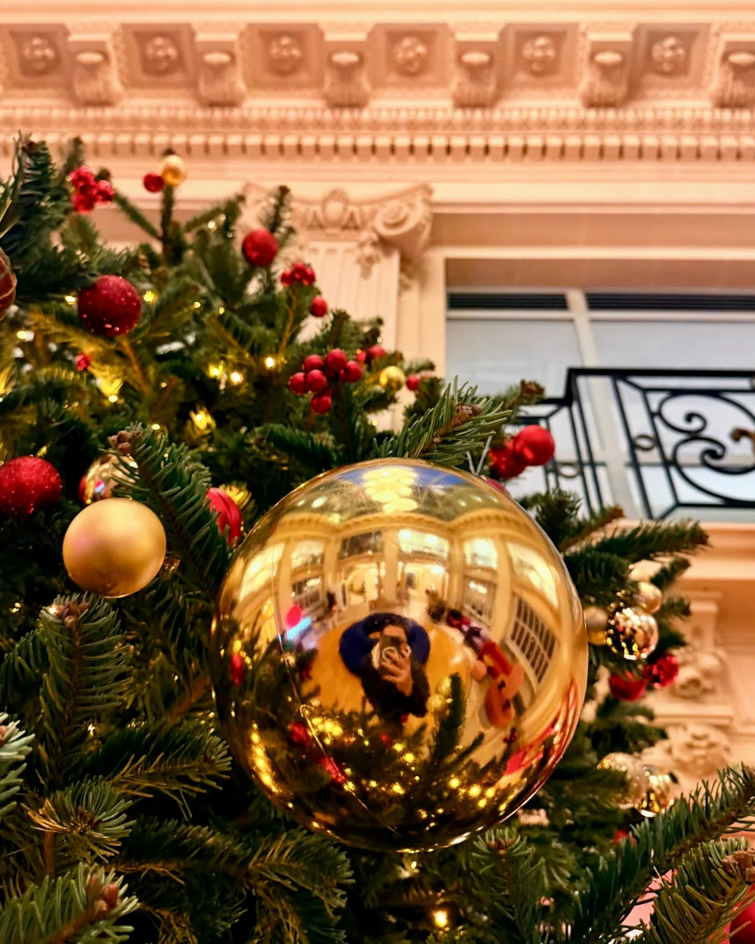 Détail d'une boule dorée et de baies rouges sur un sapin de Noël