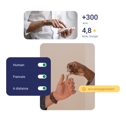 Deux mains échangeant des clés, icônes et texte indiquant accompagnement, avis et disponibilité humaine.