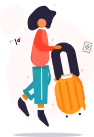 Personne avec un chapeau tirant une valise orange en voyage.