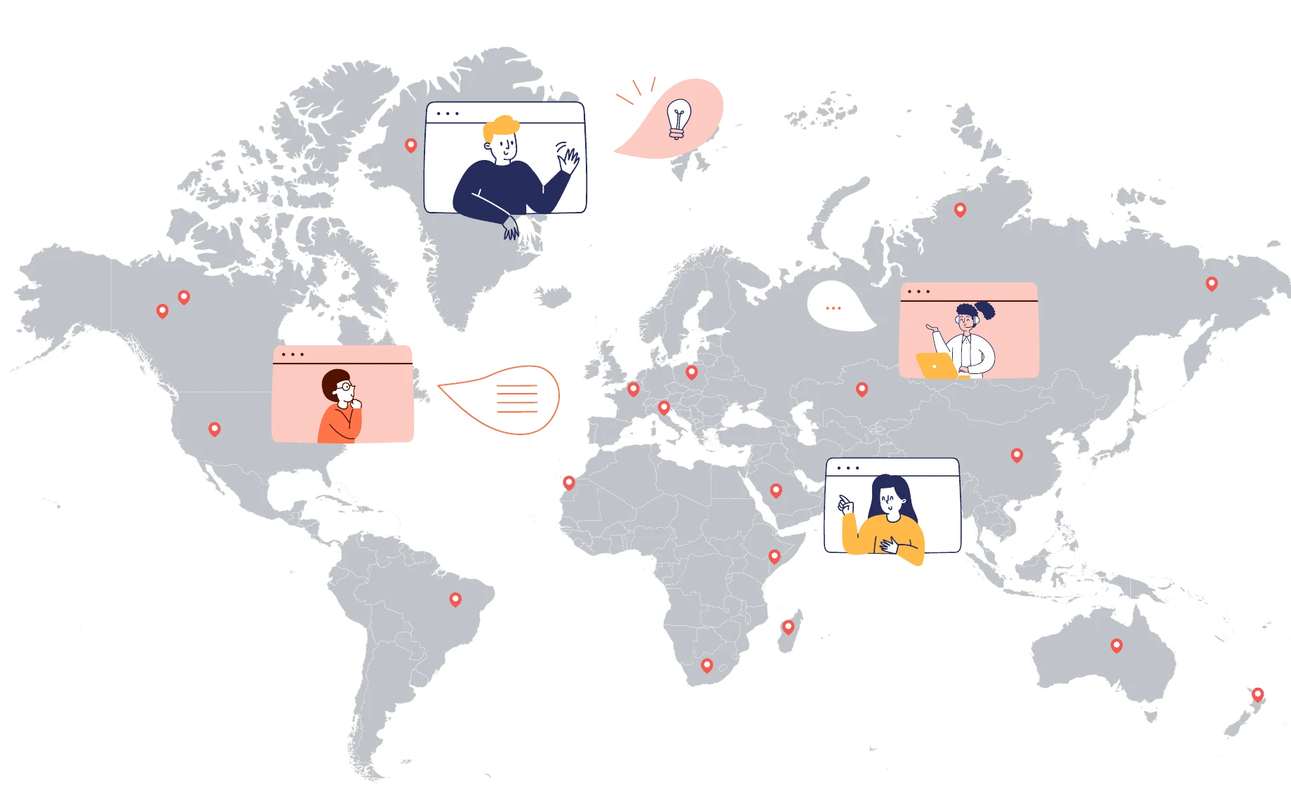 Carte du monde des destinations couvertes par les chasseurs immobiliers Remoters