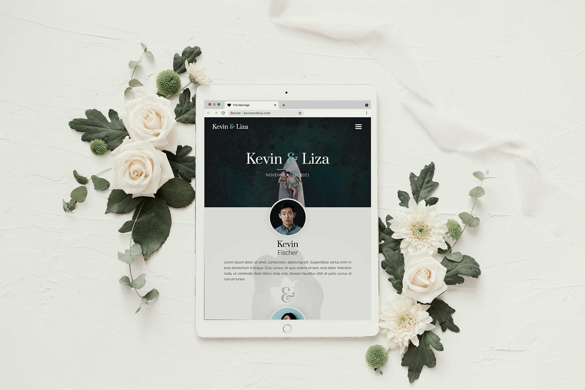 An example wedding website on an ipad.