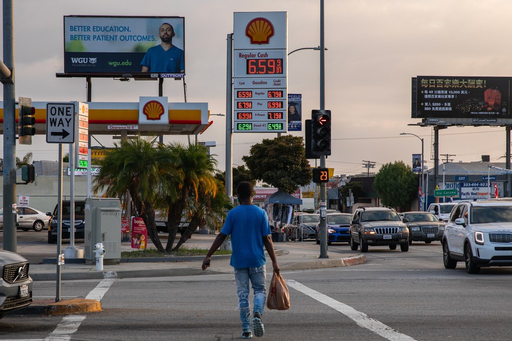 Gas prices in East Los Angeles on Sept. 29, 2023.