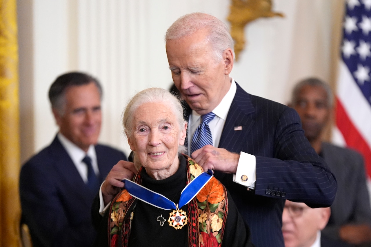 Biden looks down as he puts the medal around Goodall's neck as Goodall looks forward and smiles.