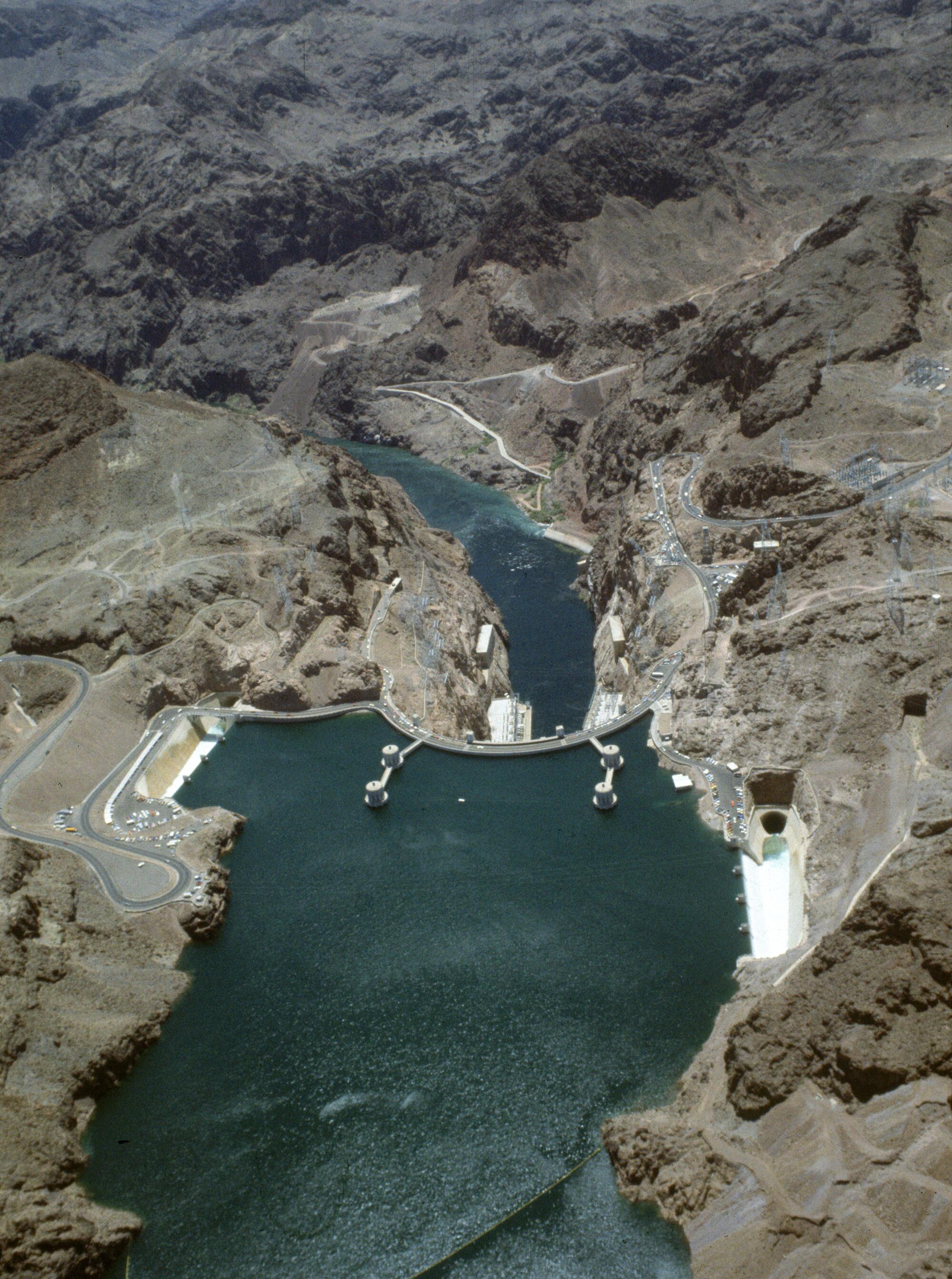 Water overflows Lake Mead into spillways at Hoover Dam in 1983 near Boulder City, Nev.