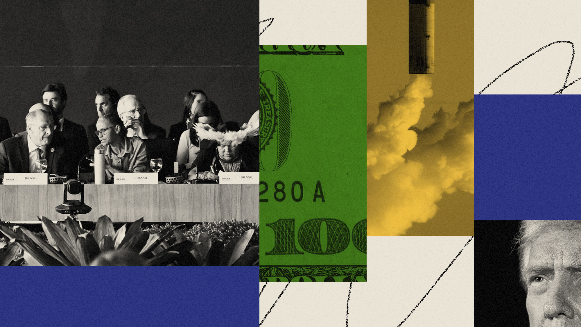 Collage of COP30 preparatory meeting, dollar bill, smokestack, and Trump