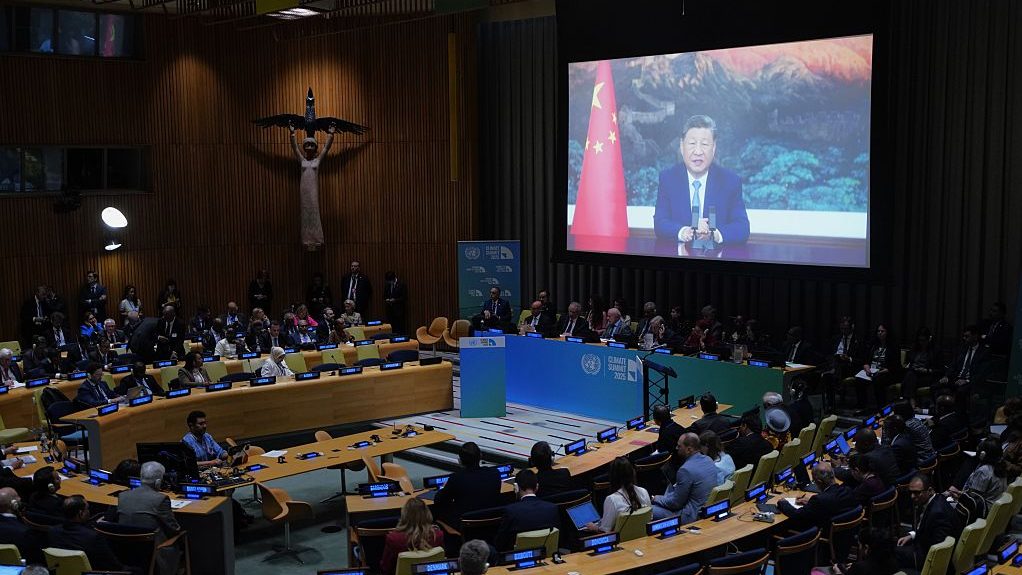 Presiden Xi Jinping on a giant screen in United Nations meeting room