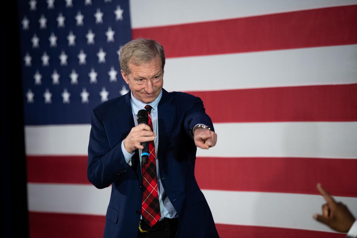 Democratic presidential candidate Tom Steyer at a presidential primary election night party in 2020.