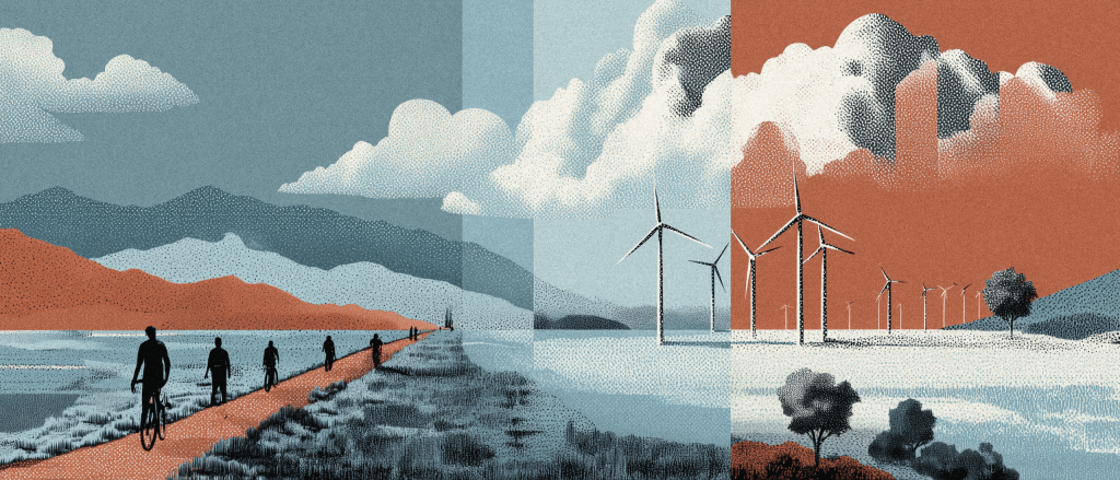 Collage of bike paths and wind farms, set against California mountains and deserts, symbolizing community benefits agreements to balance development and community needs.