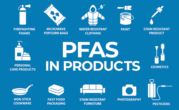 A graphic showing symbols of the products that contain PFAS.