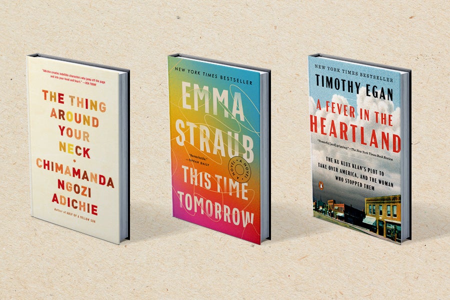 Covers of the books The Thing Around Your Neck, This Time Tomorrow, and A Fever in the Heartland