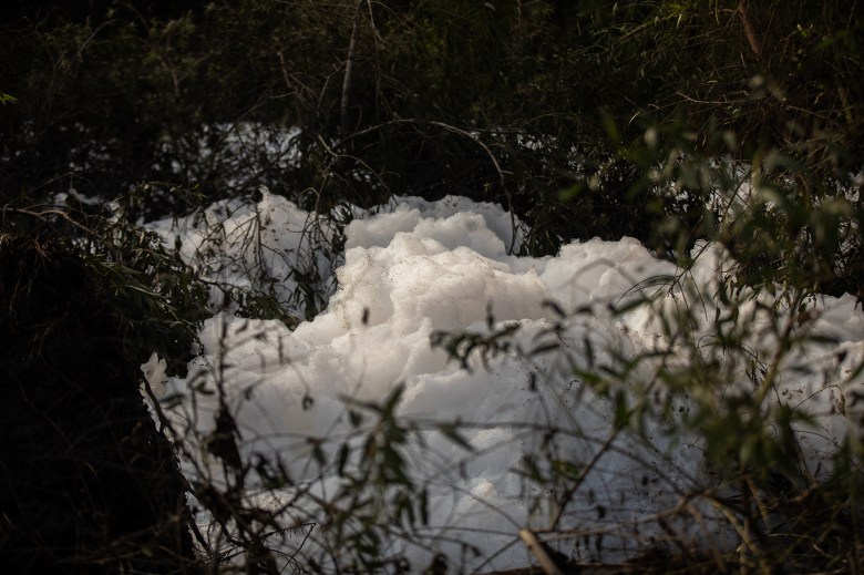 Layers of white foam caused by sewage and chemicals bubble up along a section of a river surrounded by greenery.